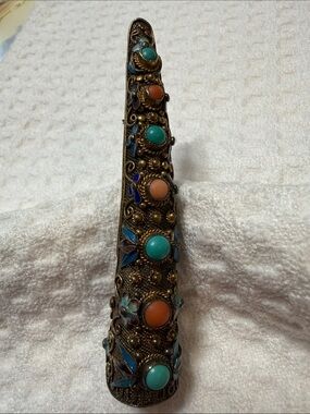Antique Chinese finger guard, pin , brooch. Enamel, coral and Turquoise ascent.